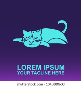 Vector Logo of Neon Blue Cat Animal on Gradient Color Background Violet and Pink. Illustration for Print. 