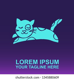 Vector Logo of Neon Blue Cat Animal on Gradient Color Background Violet and Pink. Illustration for Print. 