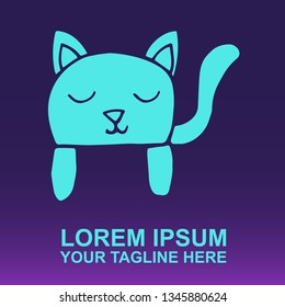 Vector Logo of Neon Blue Cat Animal on Gradient Color Background Violet and Pink. Illustration for Print. 