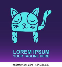 Vector Logo of Neon Blue Cat Animal on Gradient Color Background Violet and Pink. Illustration for Print. 