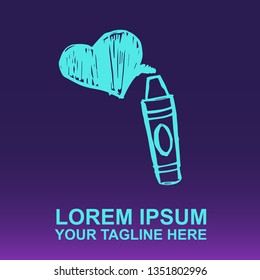Vector Logo of Neon Blue Crayon for Kids School on Gradient Color Background Violet and Pink. Illustration for Print.