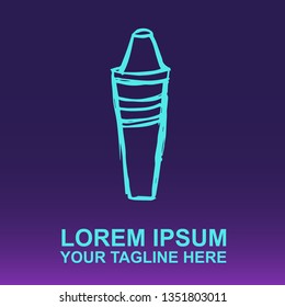 Vector Logo of Neon Blue Crayon for Kids School on Gradient Color Background Violet and Pink. Illustration for Print.