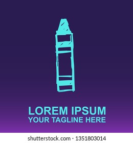 Vector Logo of Neon Blue Crayon for Kids School on Gradient Color Background Violet and Pink. Illustration for Print.