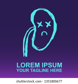 Vector Logo of Neon Blue Kidney on Gradient Color Background Violet and Pink. Illustration for Print.