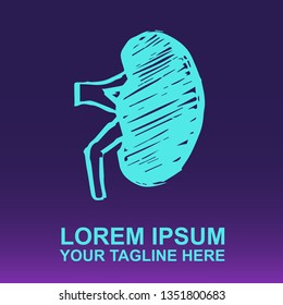 Vector Logo of Neon Blue Kidney on Gradient Color Background Violet and Pink. Illustration for Print.