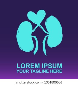 Vector Logo of Neon Blue Kidney on Gradient Color Background Violet and Pink. Illustration for Print.