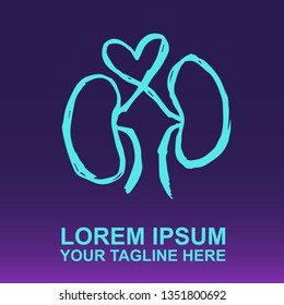 Vector Logo of Neon Blue Kidney on Gradient Color Background Violet and Pink. Illustration for Print.
