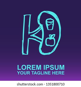 Vector Logo of Neon Blue Kidney on Gradient Color Background Violet and Pink. Illustration for Print.