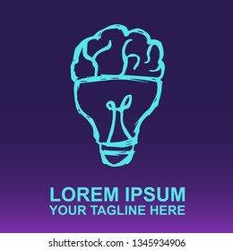 Vector Logo of Neon Blue Light Bulb on Gradient Color Background Violet and Pink. Illustration for Print. 