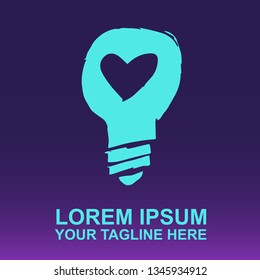 Vector Logo of Neon Blue Light Bulb on Gradient Color Background Violet and Pink. Illustration for Print. 