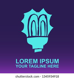 Vector Logo of Neon Blue Light Bulb on Gradient Color Background Violet and Pink. Illustration for Print. 