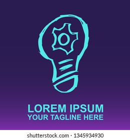 Vector Logo of Neon Blue Light Bulb on Gradient Color Background Violet and Pink. Illustration for Print. 