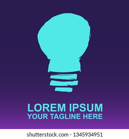 Vector Logo of Neon Blue Light Bulb on Gradient Color Background Violet and Pink. Illustration for Print. 
