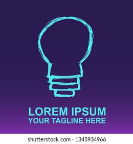 Vector Logo of Neon Blue Light Bulb on Gradient Color Background Violet and Pink. Illustration for Print. 