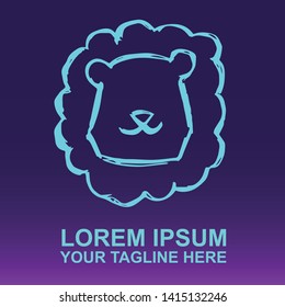 Vector Logo of Neon Blue Lion Animal on Gradient Color Background Violet and Pink. Illustration for Print.