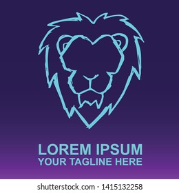 Vector Logo of Neon Blue Lion Animal on Gradient Color Background Violet and Pink. Illustration for Print.