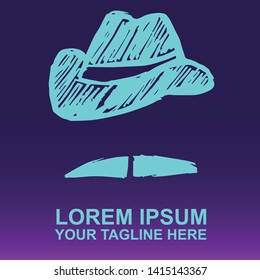 Vector Logo of Neon Blue Man Hat and Mustache For Father's Day on Gradient Color Background Violet and Pink. Illustration for Print.