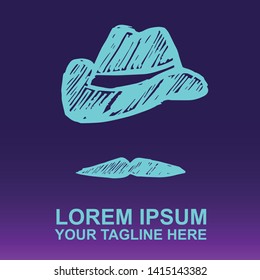 Vector Logo of Neon Blue Man Hat and Mustache For Father's Day on Gradient Color Background Violet and Pink. Illustration for Print.