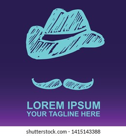 Vector Logo of Neon Blue Man Hat and Mustache For Father's Day on Gradient Color Background Violet and Pink. Illustration for Print.