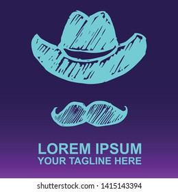 Vector Logo of Neon Blue Man Hat and Mustache For Father's Day on Gradient Color Background Violet and Pink. Illustration for Print.