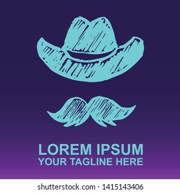 Vector Logo of Neon Blue Man Hat and Mustache For Father's Day on Gradient Color Background Violet and Pink. Illustration for Print.