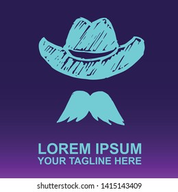 Vector Logo of Neon Blue Man Hat and Mustache For Father's Day on Gradient Color Background Violet and Pink. Illustration for Print.