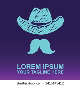 Vector Logo of Neon Blue Man Hat and Mustache For Father's Day on Gradient Color Background Violet and Pink. Illustration for Print.