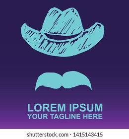 Vector Logo of Neon Blue Man Hat and Mustache For Father's Day on Gradient Color Background Violet and Pink. Illustration for Print.