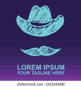Vector Logo of Neon Blue Man Hat and Mustache For Father's Day on Gradient Color Background Violet and Pink. Illustration for Print.