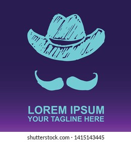 Vector Logo of Neon Blue Man Hat and Mustache For Father's Day on Gradient Color Background Violet and Pink. Illustration for Print.