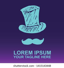 Vector Logo of Neon Blue Man Hat and Mustache For Father's Day on Gradient Color Background Violet and Pink. Illustration for Print.