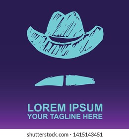 Vector Logo of Neon Blue Man Hat and Mustache For Father's Day on Gradient Color Background Violet and Pink. Illustration for Print.