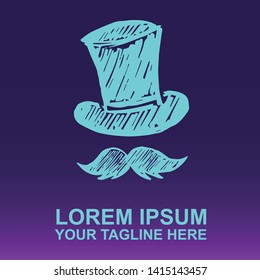 Vector Logo of Neon Blue Man Hat and Mustache For Father's Day on Gradient Color Background Violet and Pink. Illustration for Print.