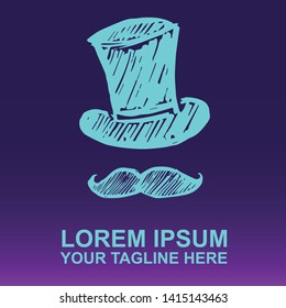 Vector Logo of Neon Blue Man Hat and Mustache For Father's Day on Gradient Color Background Violet and Pink. Illustration for Print.