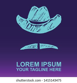 Vector Logo of Neon Blue Man Hat and Mustache For Father's Day on Gradient Color Background Violet and Pink. Illustration for Print.