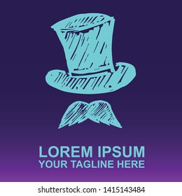 Vector Logo of Neon Blue Man Hat and Mustache For Father's Day on Gradient Color Background Violet and Pink. Illustration for Print.