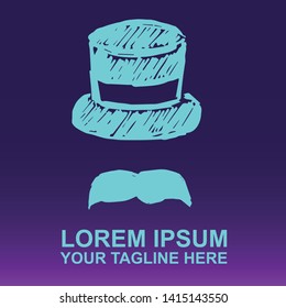 Vector Logo of Neon Blue Man Hat and Mustache For Father's Day on Gradient Color Background Violet and Pink. Illustration for Print.
