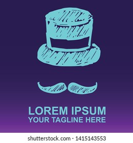 Vector Logo of Neon Blue Man Hat and Mustache For Father's Day on Gradient Color Background Violet and Pink. Illustration for Print.