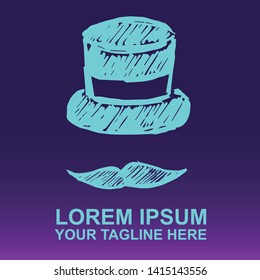 Vector Logo of Neon Blue Man Hat and Mustache For Father's Day on Gradient Color Background Violet and Pink. Illustration for Print.