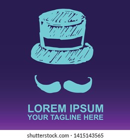Vector Logo of Neon Blue Man Hat and Mustache For Father's Day on Gradient Color Background Violet and Pink. Illustration for Print.