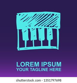 Vector Logo of Neon Blue Piano for Music on Gradient Color Background Violet and Pink. Illustration for Print.