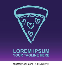 Vector Logo of Neon Blue Pizza Fast Food on Gradient Color Background Violet and Pink. Illustration for Print.
