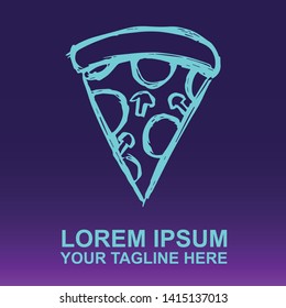 Vector Logo of Neon Blue Pizza Fast Food on Gradient Color Background Violet and Pink. Illustration for Print.