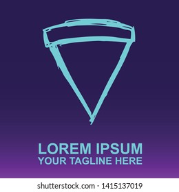 Vector Logo of Neon Blue Pizza Fast Food on Gradient Color Background Violet and Pink. Illustration for Print.