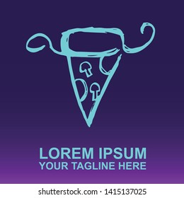 Vector Logo of Neon Blue Pizza Fast Food on Gradient Color Background Violet and Pink. Illustration for Print.