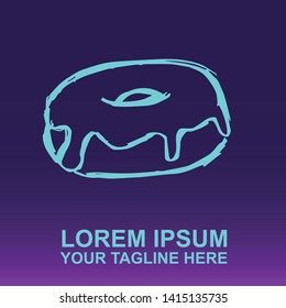 Vector Logo of Neon Blue Sweet Donut Food on Gradient Color Background Violet and Pink. Illustration for Print.