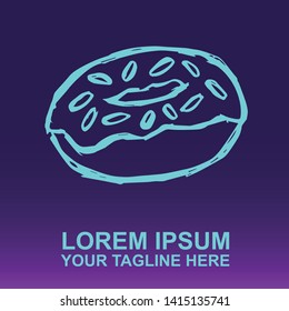 Vector Logo of Neon Blue Sweet Donut Food on Gradient Color Background Violet and Pink. Illustration for Print.