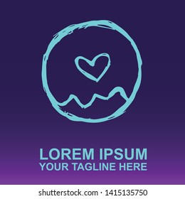 Vector Logo of Neon Blue Sweet Donut Food on Gradient Color Background Violet and Pink. Illustration for Print.