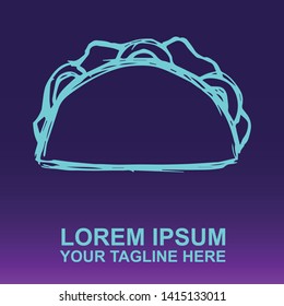 Vector Logo of Neon Blue Tacos Food on Gradient Color Background Violet and Pink. Illustration for Print.