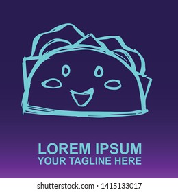Vector Logo of Neon Blue Tacos Food on Gradient Color Background Violet and Pink. Illustration for Print.